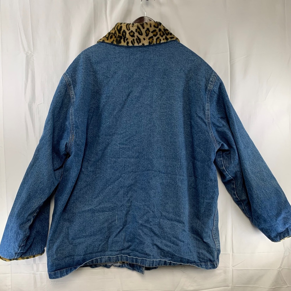Braefair Denim Jacket Womens 1X Blue Leopard Faux Fur Lined Chore Coat Vintage - Picture 11 of 12